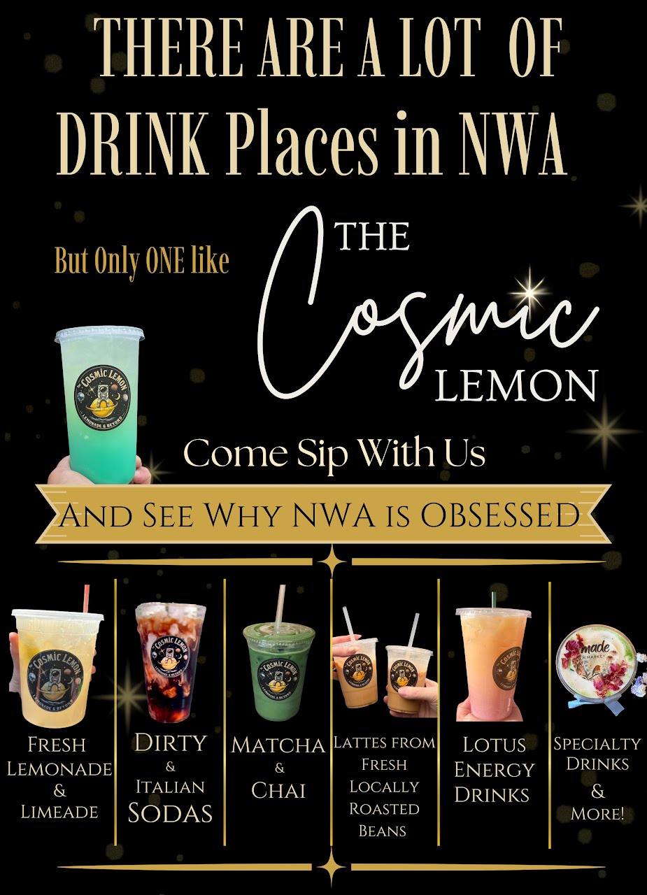 The Cosmic Lemon ad featuring lemonades, dirty sodas, matcha, lattes, Lotus energy drinks, and specialty drinks.